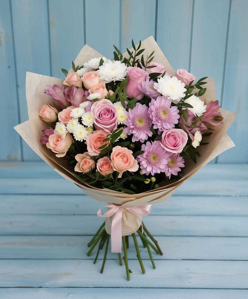 Букет цветов из: Хризантемы, Розы и Альстромерии в Раздольном Новосибирской области