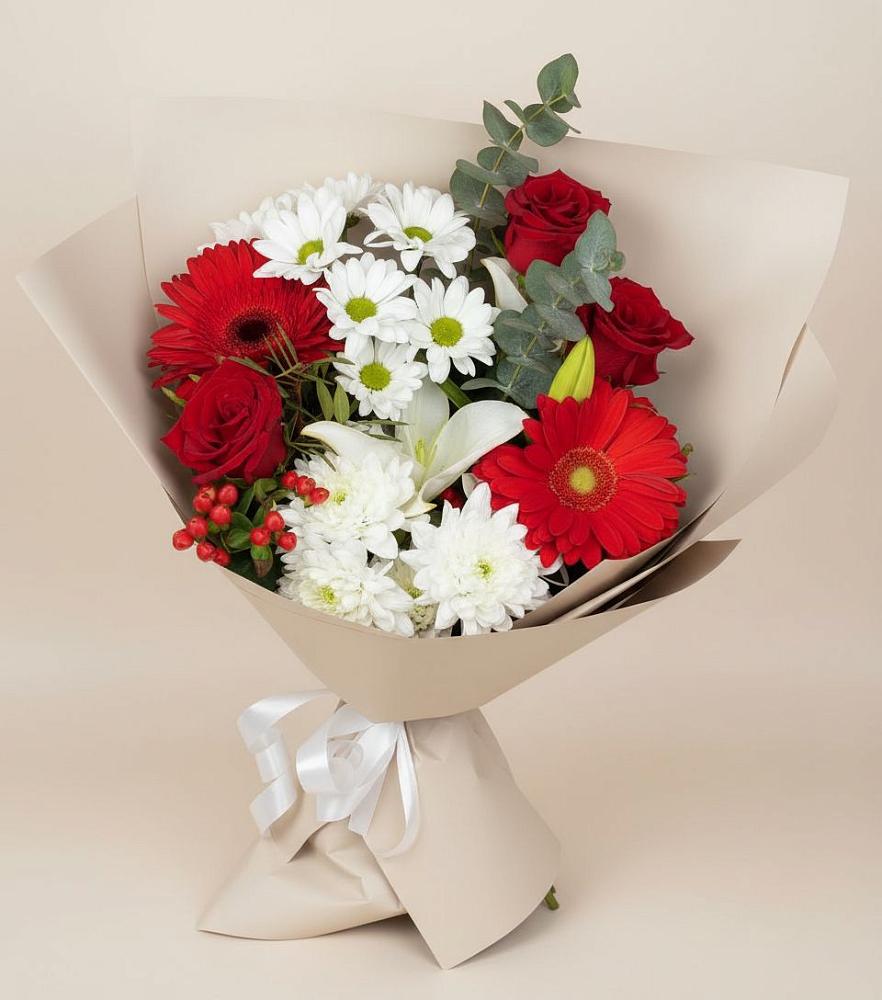 Букет цветов из: Розы, Хризантемы, Герберы и Лилии в Раздольном Новосибирской области