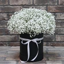 Цветочная композиция из Гипсофила в шляпной коробке в Раздольном Новосибирской области