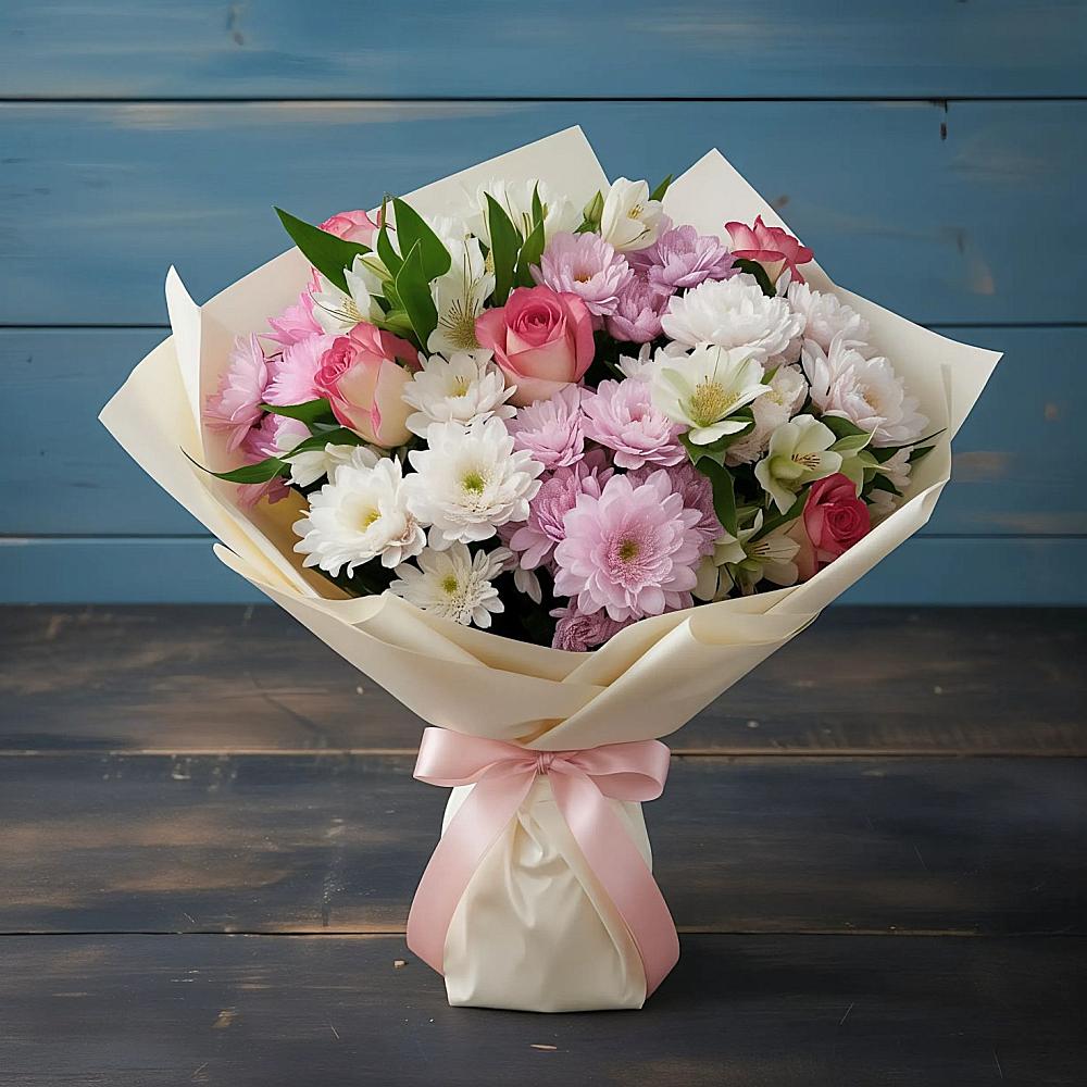 Букет цветов из: Хризантемы, Альстромерии и Розы в Раздольном Новосибирской области